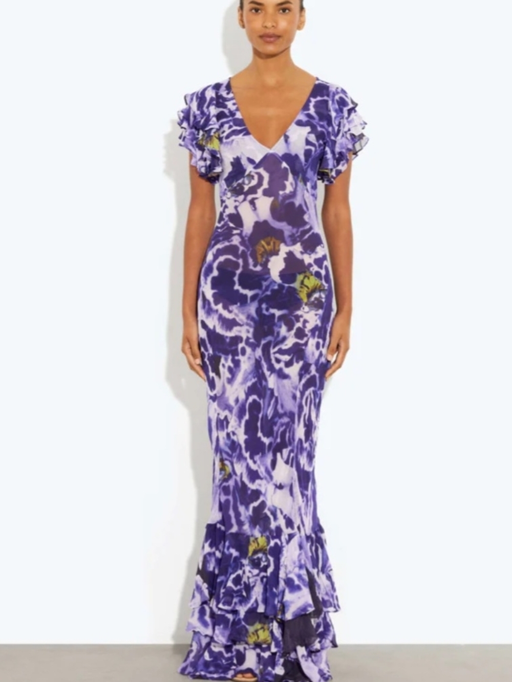 Rat & Boa Purple Floral V-Neck Ruffle Maxi Dress